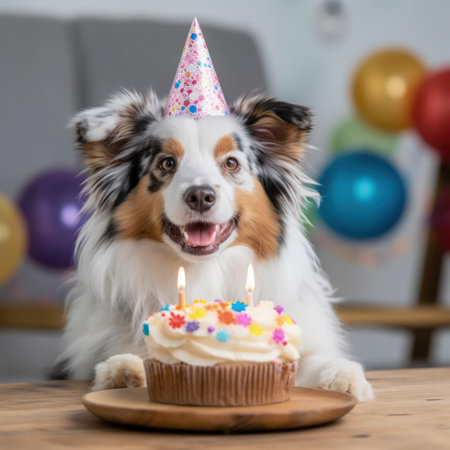 Cute birthday dog with cake. Illustration Generative AIの素材