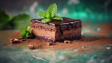 A piece of chocolate cake with mint. Illustration Generative AIの素材