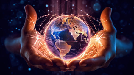 Hands with virtual global internet connection metaverse Illustration Generative AIの素材