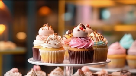 Dessert stand with delicious cupcakes Illustration Generative AIの素材