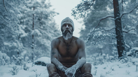 A frozen man sits in only shorts in the middle of a winter forest.の素材