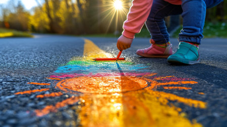A child draws the sun with crayons on the asphalt. Spring sunny day.の素材