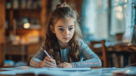 A 12-year-old girl sits at the table and does her homework.の素材