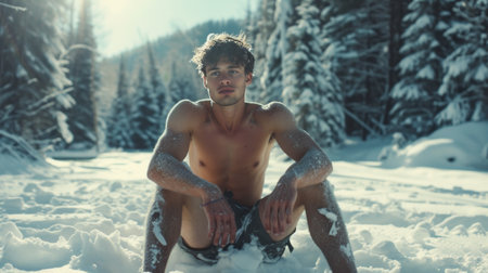 A frozen man sits in only shorts in the middle of a winter forest.の素材