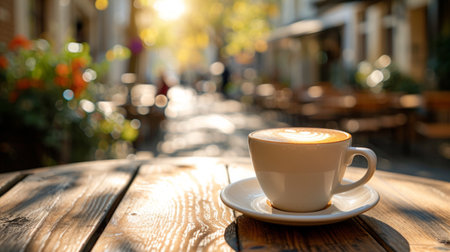 A cup of cappuccino in a street cafe.の素材