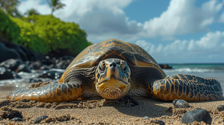 A large land turtle lies on the ocean shore.の素材