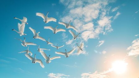 A flock of swans flies against the blue sky forming a heart shape.の素材