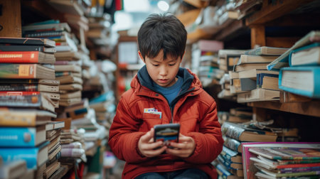 A schoolboy plays a game on the phone..の素材