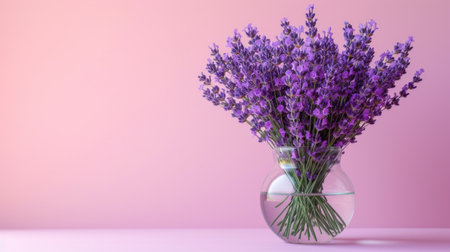 A bouquet of lavender flowers stands in a transparent glass vase on a minimalist bright background.の素材