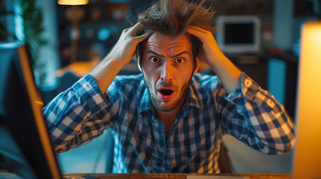 A man sits with a computer, his face expresses horror, he tears out the hair on his head.の素材
