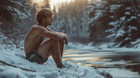 A frozen man sits in only shorts in the middle of a winter forest.の素材
