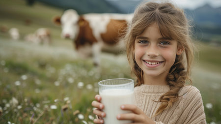 A beautiful girl with a glass of milk in her hand looks smiling at the camera.の素材