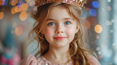A beautiful 10-year-old girl in a pink dress and a gold crown on her head looks at the camera, smiling.の素材