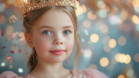 A beautiful 10-year-old girl in a pink dress and a gold crown on her head looks at the camera, smiling.の素材