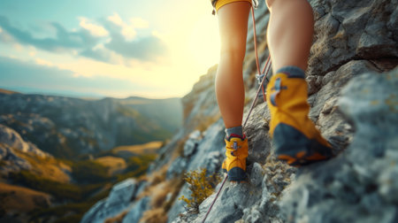 A beautiful girl with a rock climber is climbing the mountain.の素材