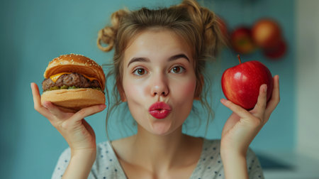 A beautiful girl doubts what she should eat. In one hand she has a Burger in the other - an apple.の素材