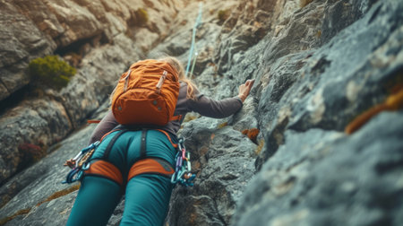 A beautiful girl with a rock climber is climbing the mountain.の素材