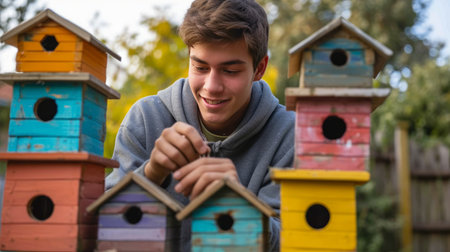 A young man makes a birdhouse from brightly colored planks in the backyard of his American home.の素材