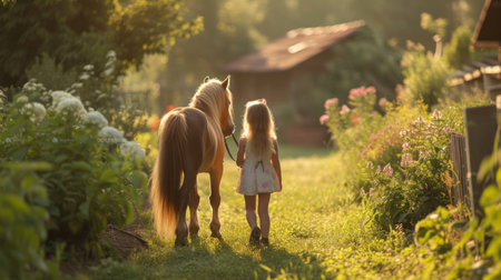 A little girl walks through a green beautiful garden with a little pony.の素材