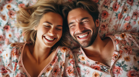 A happy couple in matching pajamas laughs while lying in bed.の素材
