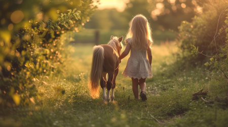 A little girl walks through a green beautiful garden with a little pony.の素材