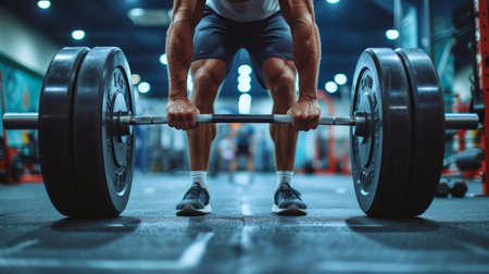 A male athlete lifts a heavy barbell. Blurred gym in the background.の素材