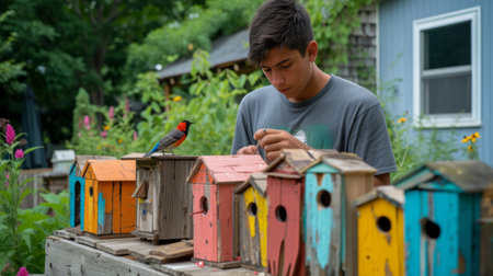 A young man makes a birdhouse from brightly colored planks in the backyard of his American home.の素材