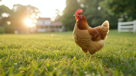 chicken walking on the grass in the yard of a classic American farm.の素材