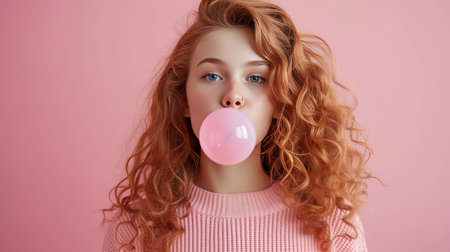 Beautiful girl blows a big pink bubble from bubble gum.の素材