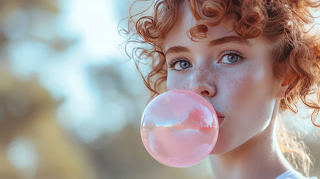 Beautiful girl blows a big pink bubble from bubble gum.の素材