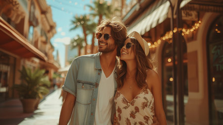 Beautiful young couple walking on the street.の素材