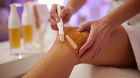 Beautiful woman doing waxing on her leg.の素材