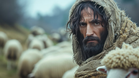 Jesus tends sheep in a meadow. Jesus looks into the camera.の素材