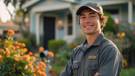 Handsome young postman stands smiling and looking at the camera near a classic American house with a mailbox.の素材