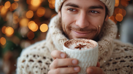 Handsome young man in a warm knitted sweater drinks hot chocolate.の素材
