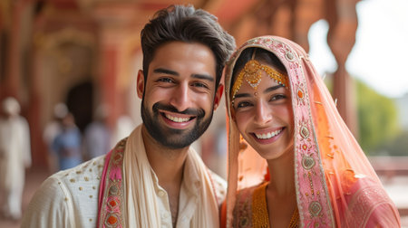 Happy beautiful and Indian couple smiling looking at camera while standing against blurred Indian.の素材