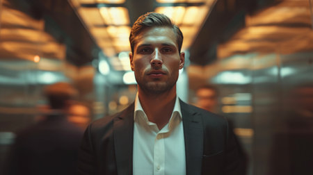 Handsome young businessman rides in an elevator.の素材