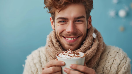 Handsome young man in a warm knitted sweater drinks hot chocolate.の素材
