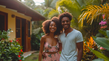 Happy American young couple walking in the garden near their country house.の素材