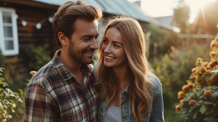 Happy American young couple walking in the garden near their country house.の素材