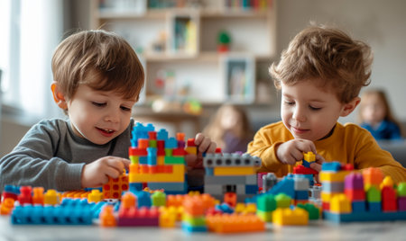 Two five-year-old boys are building a house from a multi-colored construction set.の素材