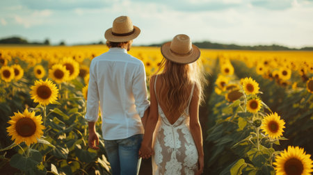 A beautiful young girl walks through a field with blooming sunflowers.の素材