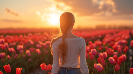 A beautiful young girl walks through a field with blooming tulips.の素材