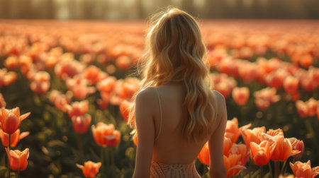 A beautiful girl walks through a field with blooming tulips.の素材