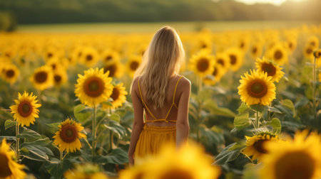 A beautiful young girl walks through a field with blooming sunflowers.の素材
