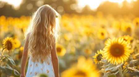 A beautiful young girl walks through a field with blooming sunflowers.の素材