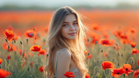 A beautiful girl walks through a field with blooming tulips.の素材