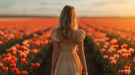 A beautiful girl walks through a field with blooming tulips.の素材