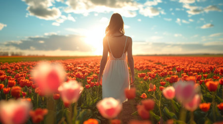 A beautiful girl walks through a field with blooming tulips.の素材