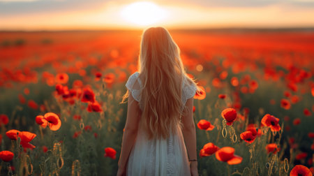 A beautiful young girl walks through a field with blooming tulips.の素材